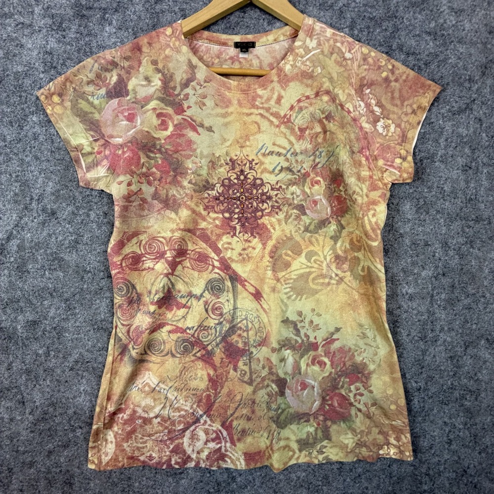 Y2K Yukiko T Shirt Womens XL Yellow Beige Floral Elements Rhinestone Tie Dye